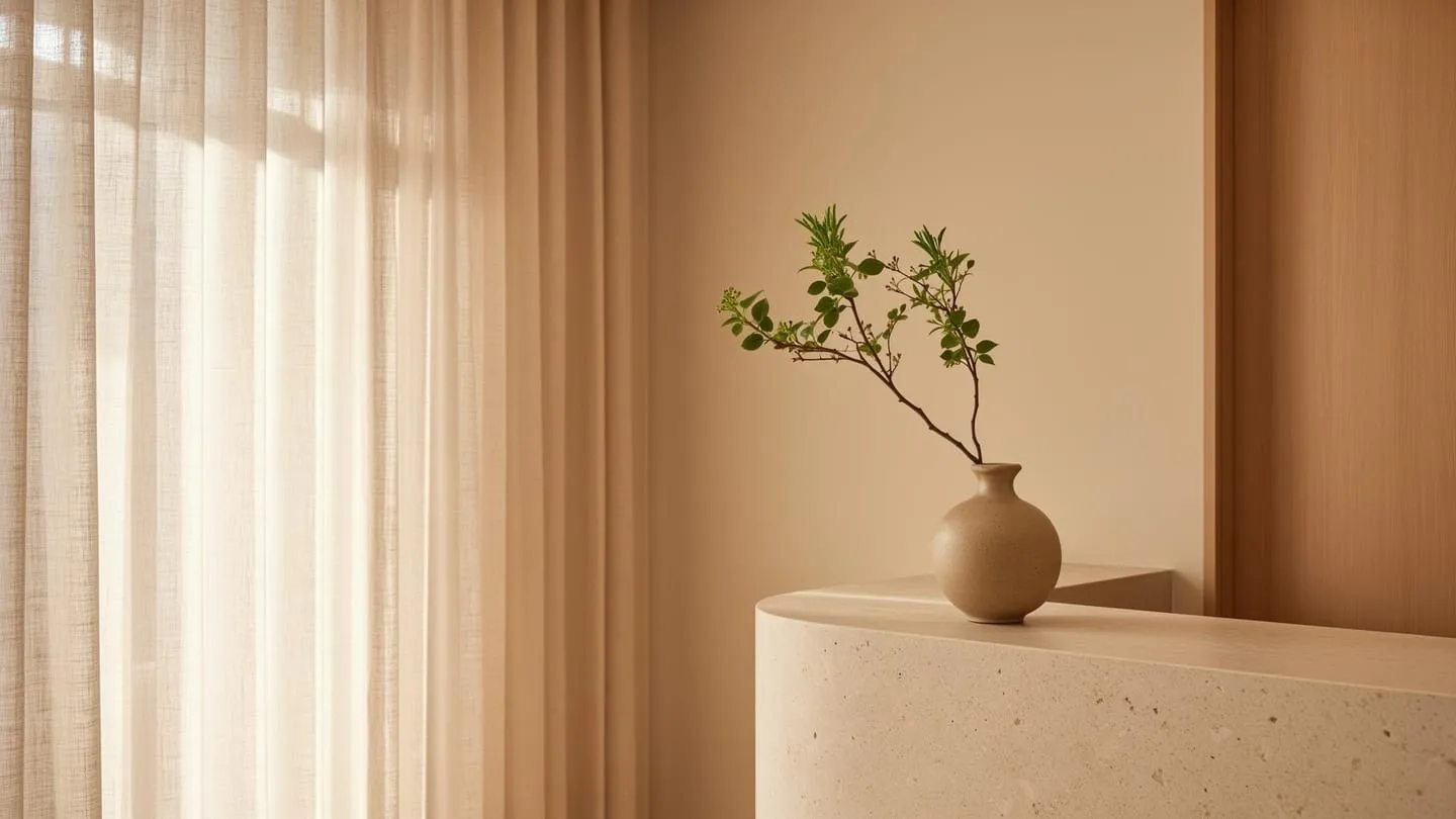 Calm Japandi interior with linen curtains and a single ceramic vessel